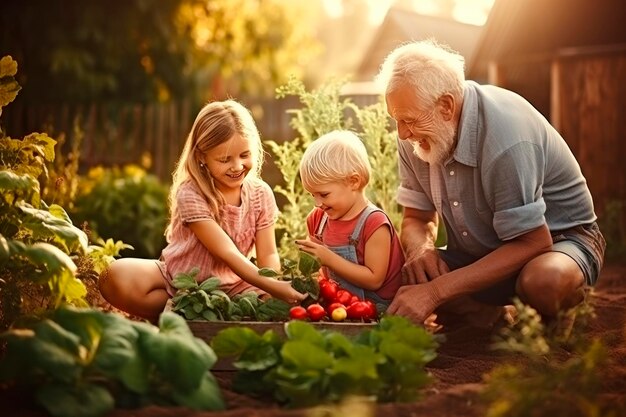 Il nonno con i nipoti ragazzo e ragazza sono impegnati nella piantagione di piante e verdure in