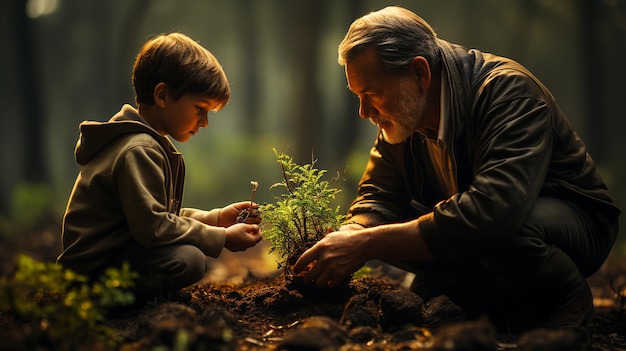 森で小さな息子と一緒にいる祖父