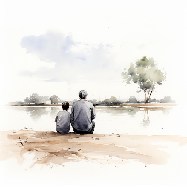 Grandfather with little son landscape minimalist watercolor