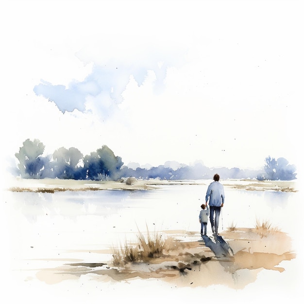 Photo grandfather with little son landscape minimalist watercolor