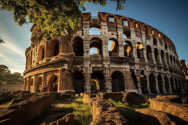 Grandiose ruins of the Roman Coliseum at sunset generative IA