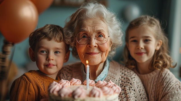 Grandma and grandchildren are sitting in front of a birthday cake