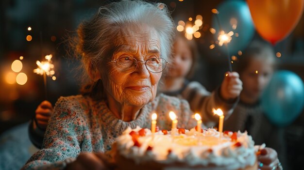 Grandma and grandchildren are sitting in front of a birthday cake