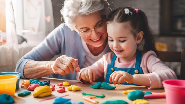 Grandma and granddaughter are making moustache