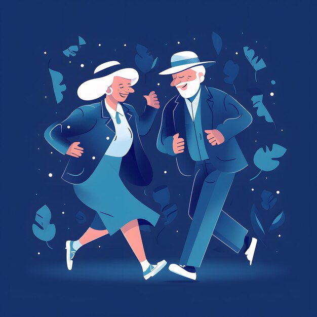 Photo grandma and grandpa are dancing on the square blue tones ui flat illustration trendy vetor illus