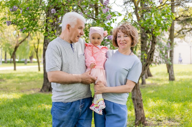 бабушка и дедушка обнимают и держат на руках очаровательную внучку семейная прогулка