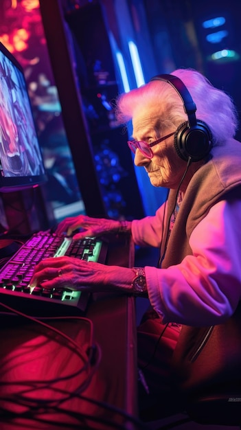 Grandma is a gamer in a computer club Elderly hacker woman in neon light AI generated Vertical image