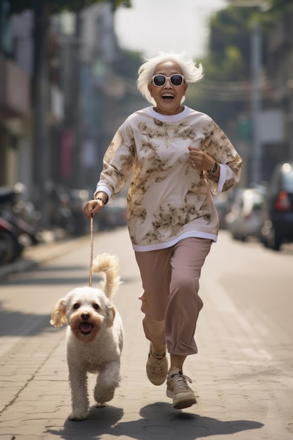 写真 犬と走っているおばあちゃん