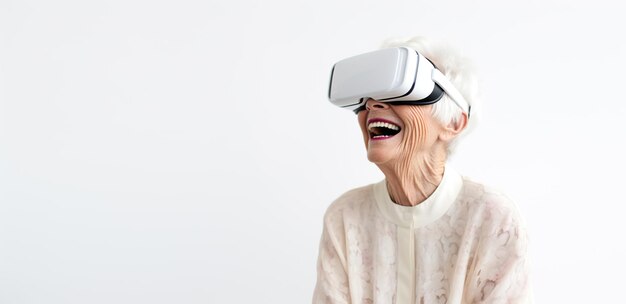 Grandma smiling using virtual reality headset