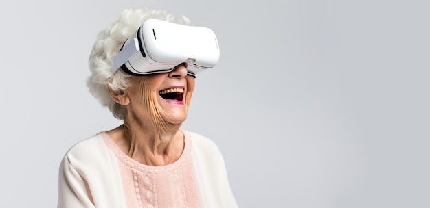 Grandma smiling using virtual reality headset