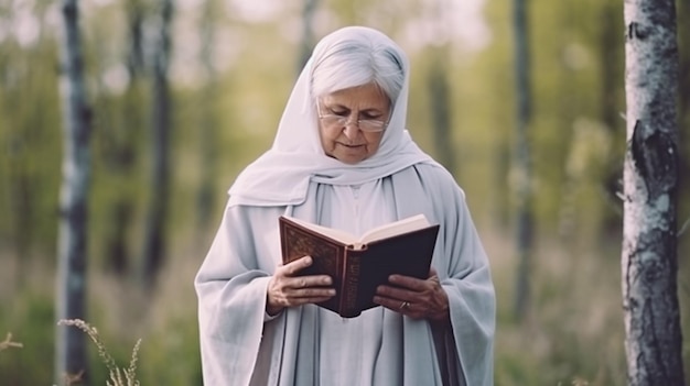 Grandma with gray hair is holding a bible reading the Bible in a natural setting Concept of religion spirituality and faith calm and hope GENERATE AI