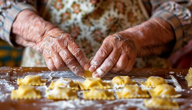 写真 祖母の手が伝統的なラヴィオリを作っている