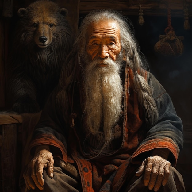 Photo a grandmaster old man with long hair and long beard