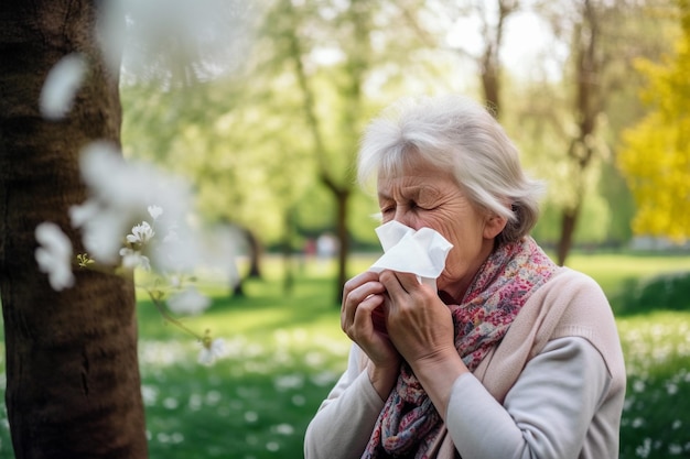 Grandmother blowing nose due to allergic reasons in a park