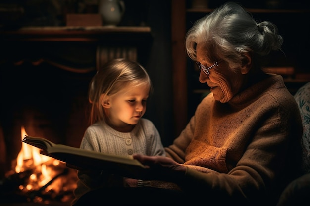 A grandmother and a child read a book by the fire