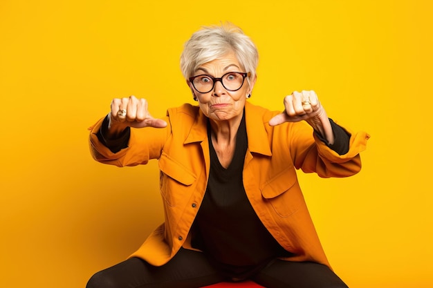 Grandmother doing boo sign on a yellow background