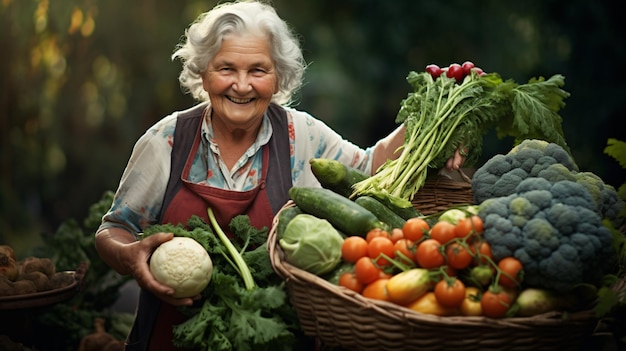 Foto nonna in giardino con le verdure