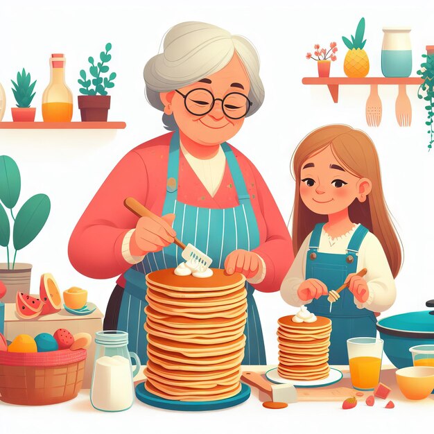 Photo grandmother and granddaughter bake treats pancakes flat style