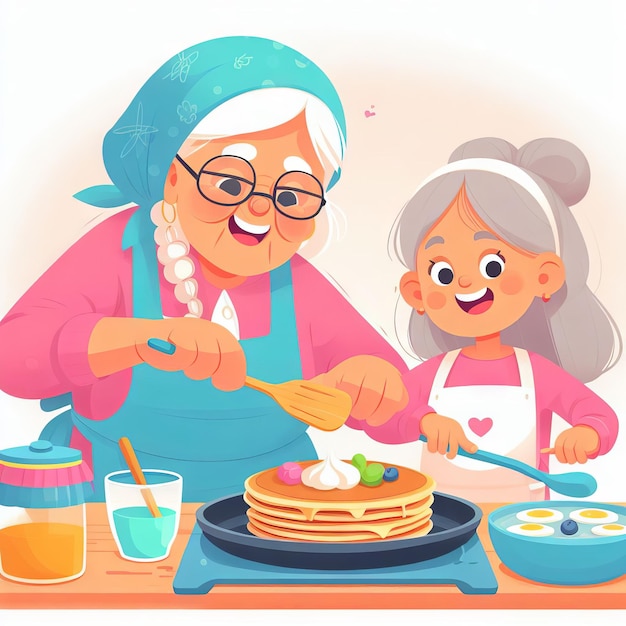 Grandmother and granddaughter bake treats pancakes Flat style