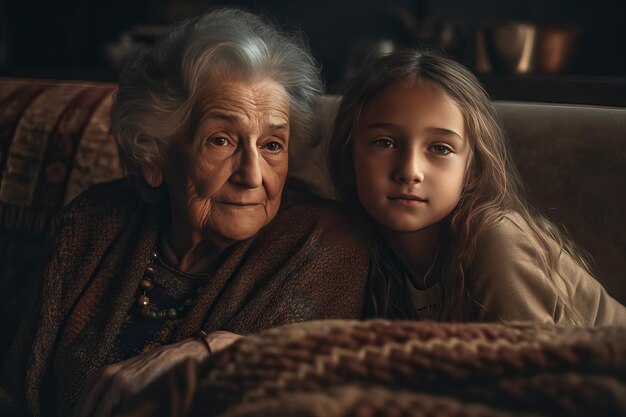 Photo grandmother and granddaughter on couch together