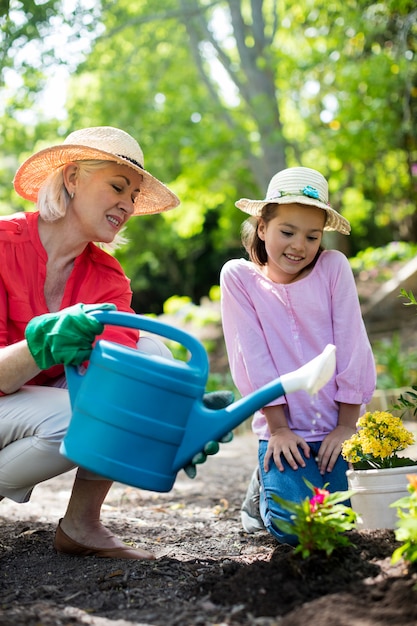 Grandmother and granddaughter gardening