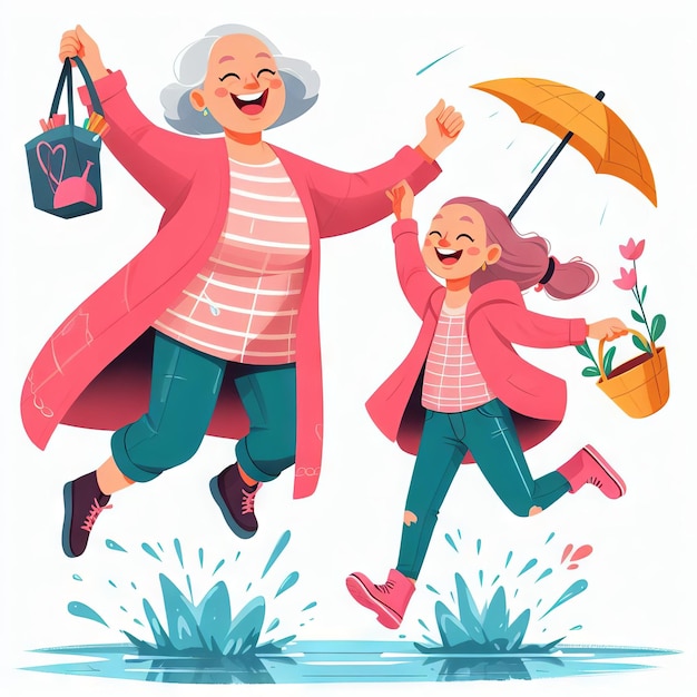 Photo grandmother and granddaughter jumping in puddles flat style