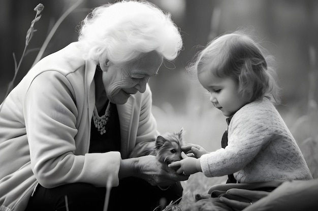 Photo grandmother and granddaughter playing with puppy in the park black and white photo