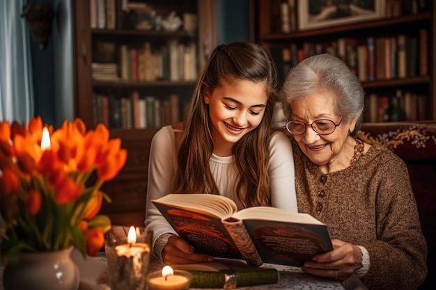 A grandmother and granddaughter reading a book together