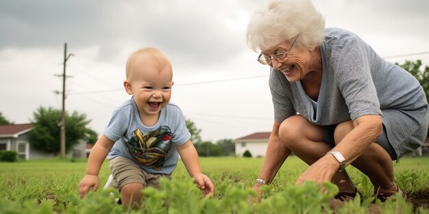 Photo grandmother and grandson playing outside on a cloudy day