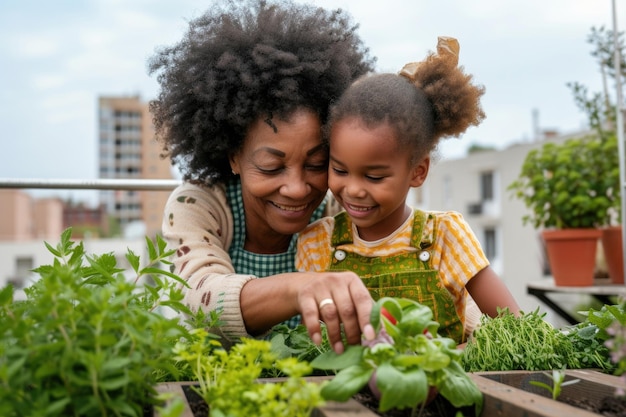 Foto la nonna e sua nipote con le piante nel giardino sul tetto della città