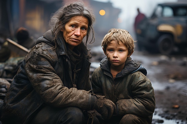 Grandmother hugs a child on the street homeless hungry covered in soot after a fire