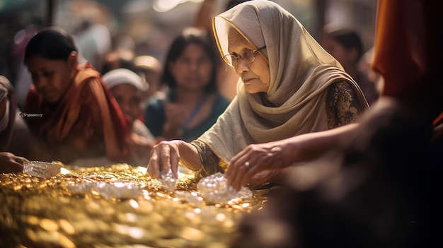 ケバヤの祖母が伝統的な市場で金の棒とダイヤモンドを売っている
