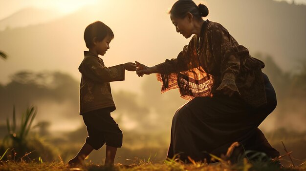 Foto una nonna in kebaya che pratica arti marziali con un bambino piccolo con l'effetto di afte