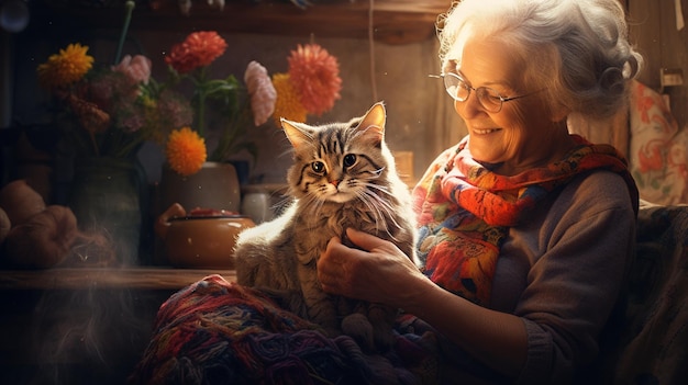 Photo a grandmother knitting with her cat curled up wallpaper