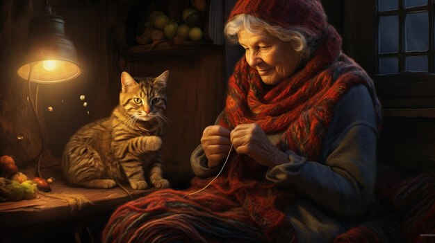 Photo a grandmother knitting with her cat curled up wallpaper