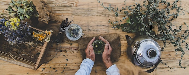 Grandmother makes tea with medicinal herbs Selective focus