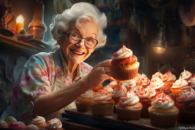 Grandmother Prepares Cupcakes in the Kitchen Generative Ai