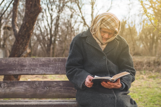 La nonna legge la bibbia delle sacre scritture. pensare a dio