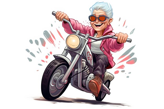 Photo grandmother riding a chopper motorbike isolated on white background