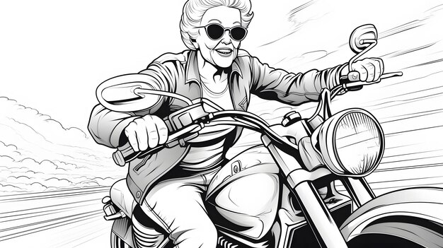 Photo grandmother riding a chopper motorbike isolated on white background