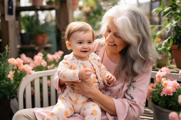 Photo grandmother smiling while holding her granddaughter in a garden