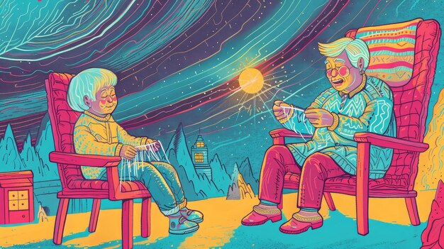 A grandmother teaching her grandchild to knit under the random flickering northern lights