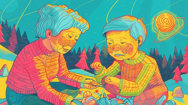 Photo a grandmother teaching her grandchild to knit under the random flickering northern lights