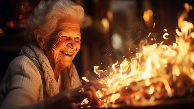 Grandmother tries to light a fireplace in the house