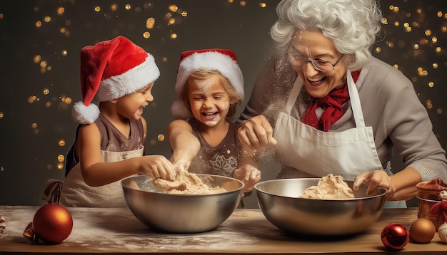 Grandmother with children prepares a New Year's treat