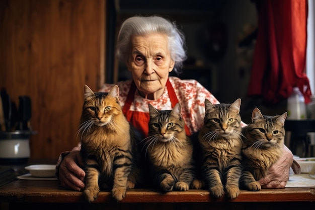 Бабушка со своими кошками