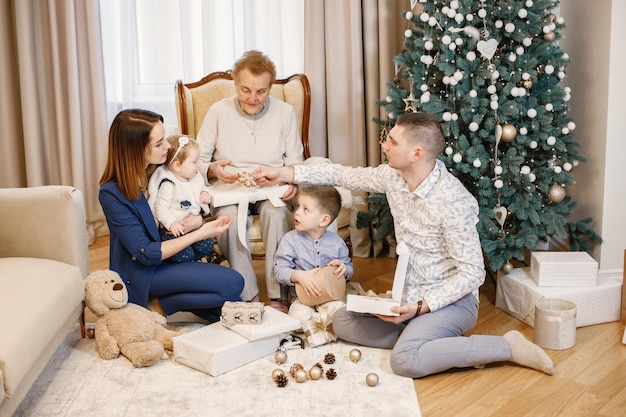 クリスマスの日に孫、孫娘、娘、息子と祖母。椅子などに座っている老婆がクリスマス ツリーを飾る予定です。ベージュとブルーの服を着た家族。