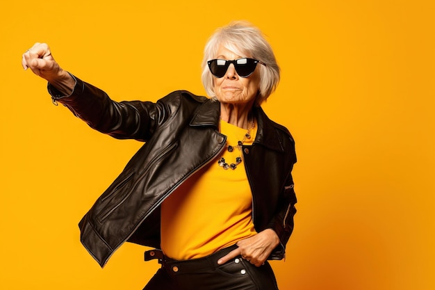 Photo grandmother with sunglasses doing poses on a studio with yellow background