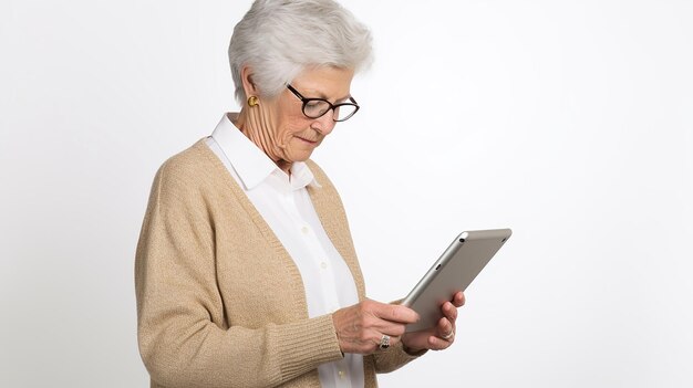 Photo grandmother with a tablet on white background