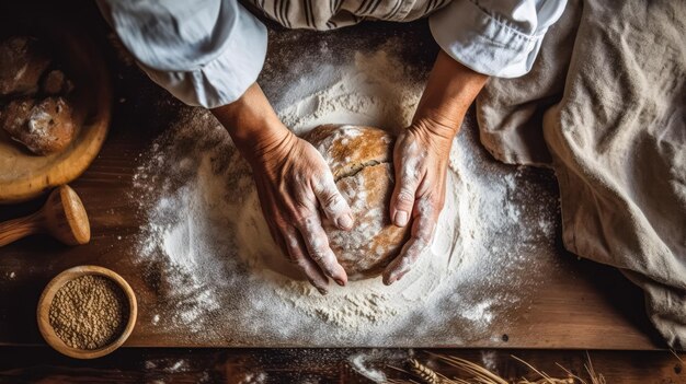 写真 祖母 の 手 は 木 の テーブル で パン の 粉 を 熟練 し て 混ぜ て い ます